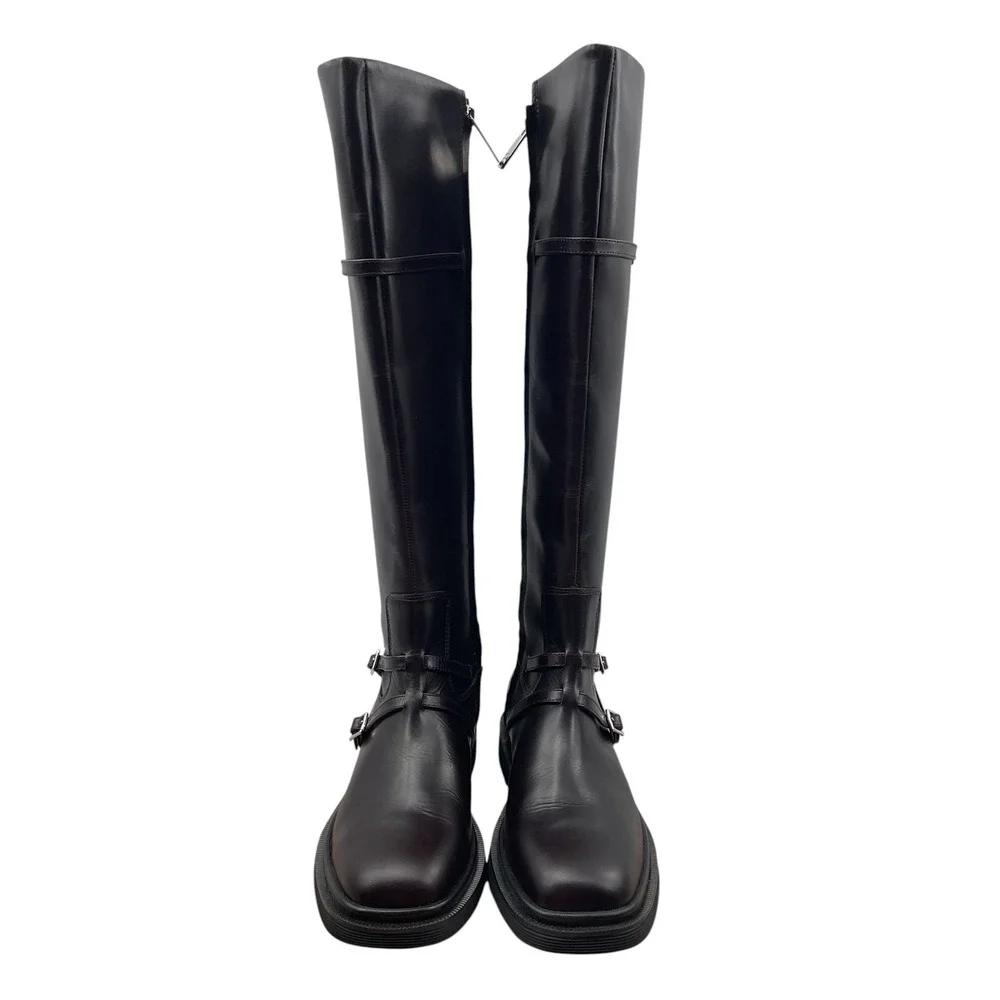 Sarto Womens Black Leather Over The Knee Square Toe Moto Buckle Boots 6M